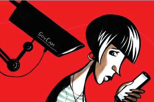 Illustration depicting social media surveillance under a Web2 security camera – NEST®